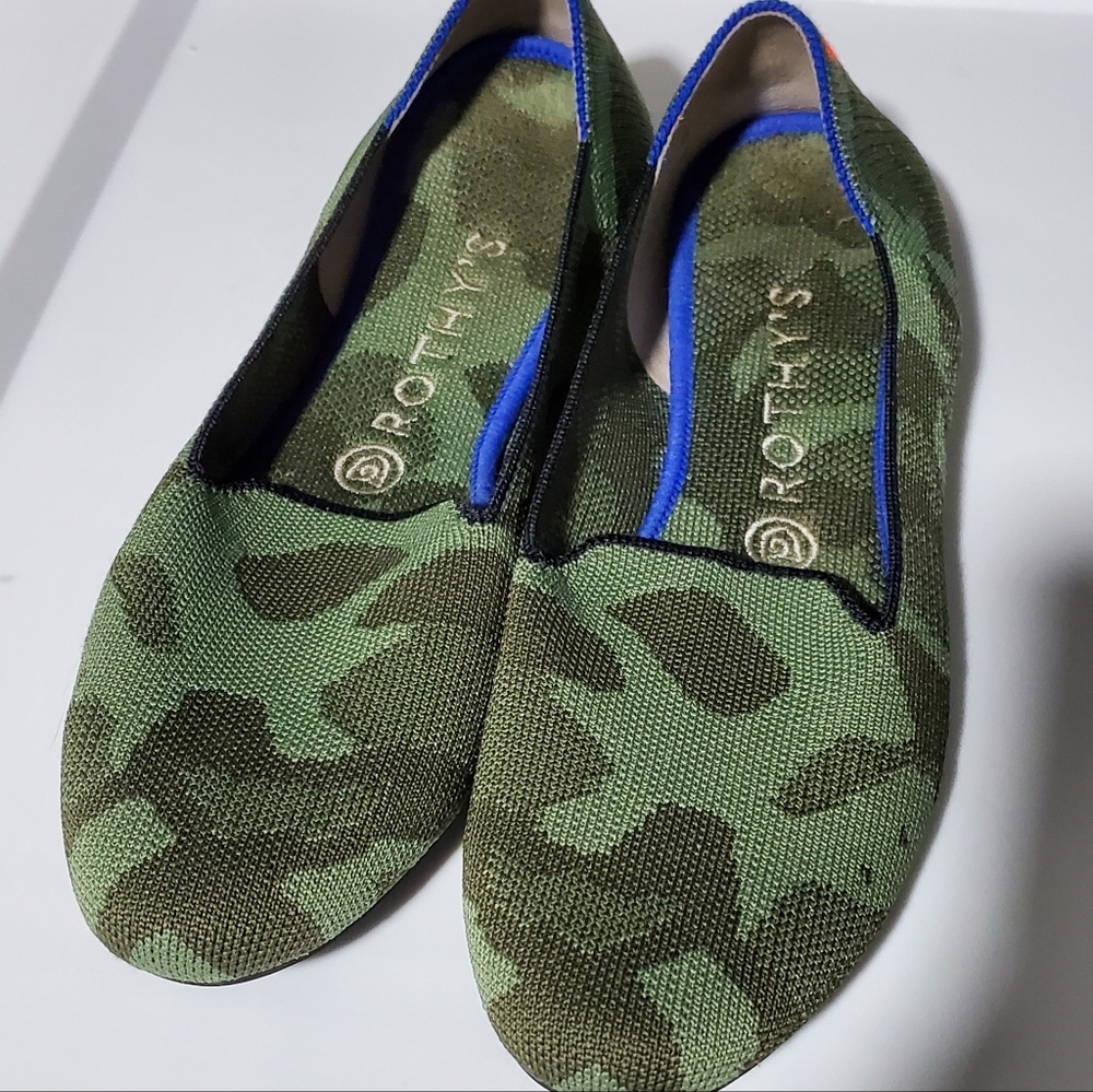 Rothy’s Camo Knit Loafer Flats Women 8.5 Blue Trim Orange Heel Washable Comfort